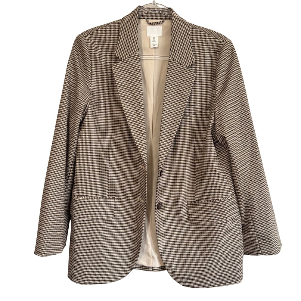 HM Womens Brown Houndstooth Single Breasted Blazer Jacket Size Small Pockets